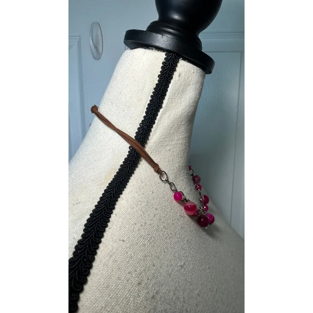 Pink Agate Beaded Statement Necklace Leather Cord Silver Tone Boho Bib Festival